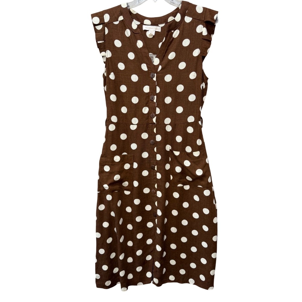 Monteau Los Angeles Brown White Polka Dot Ruffle Sleeve Retro Midi Dress M